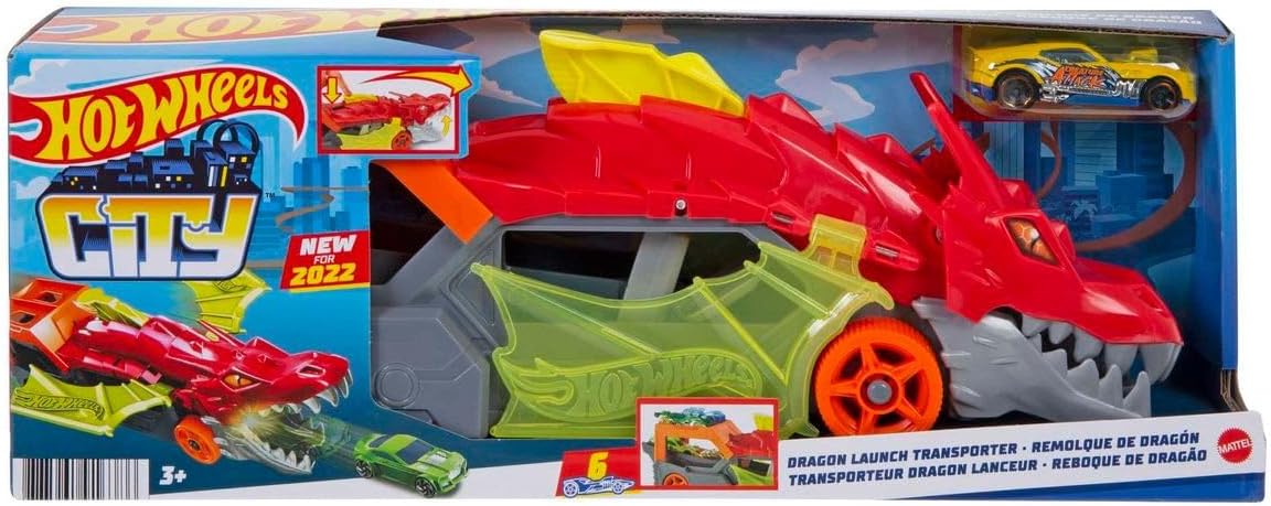 Hot Wheels City Toy Car Track Set, Dragon Launch Transporter & 1:64 Scale Car, Launch Vehicles from Creature's Mouth, Stores