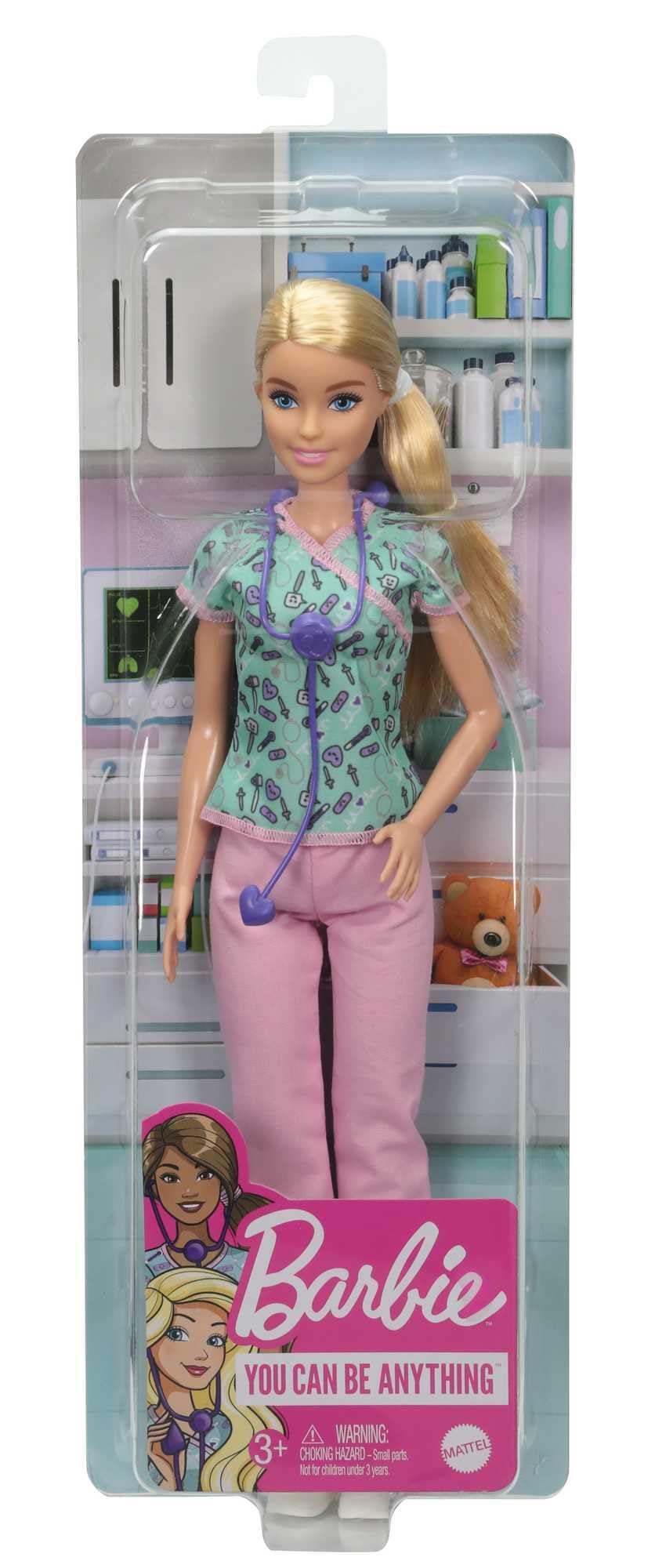 Barbie Nurse Fashion Doll Dressed in Medical Scrubs: White Shoes & Stethoscope Accessory